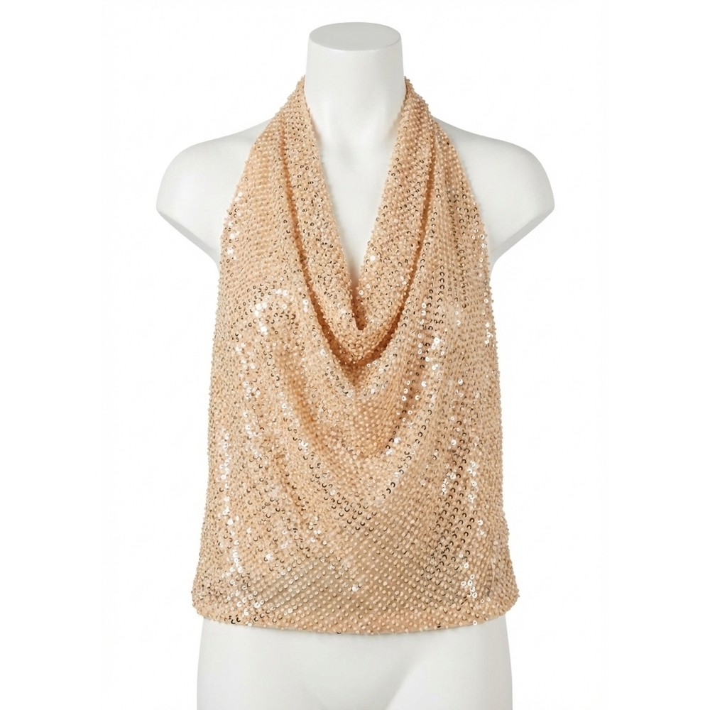 NEW RAMY BROOK alice beaded sequin cowl neck halter top in gold